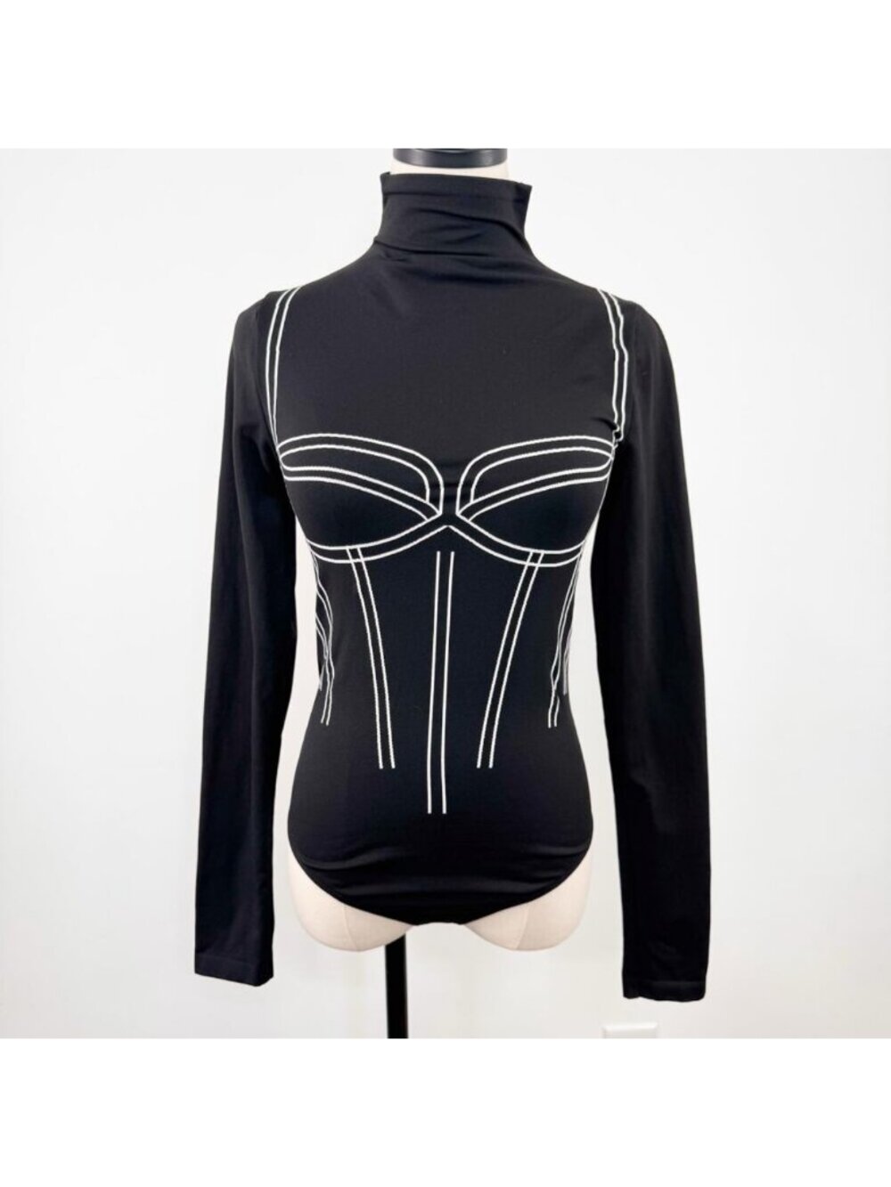 Medium - Wolford Theresa String Black Bodysuit White Corset, NWT